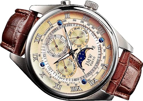 【JMW TOKYO】メンズ 腕時計 上級 ムーンフェイズ [日本製ムーブメント] 100m防水 本革ベルト ローマンインデックス (ピンクゴールド&シルバー)【世界限定300本】 父の日 ギフト プレゼント